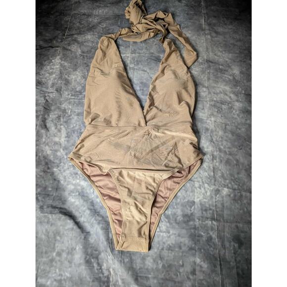 Stylish Swimwear One Piece Nude Swimsuit Size L Open Back Halter - Picture 2 of 9
